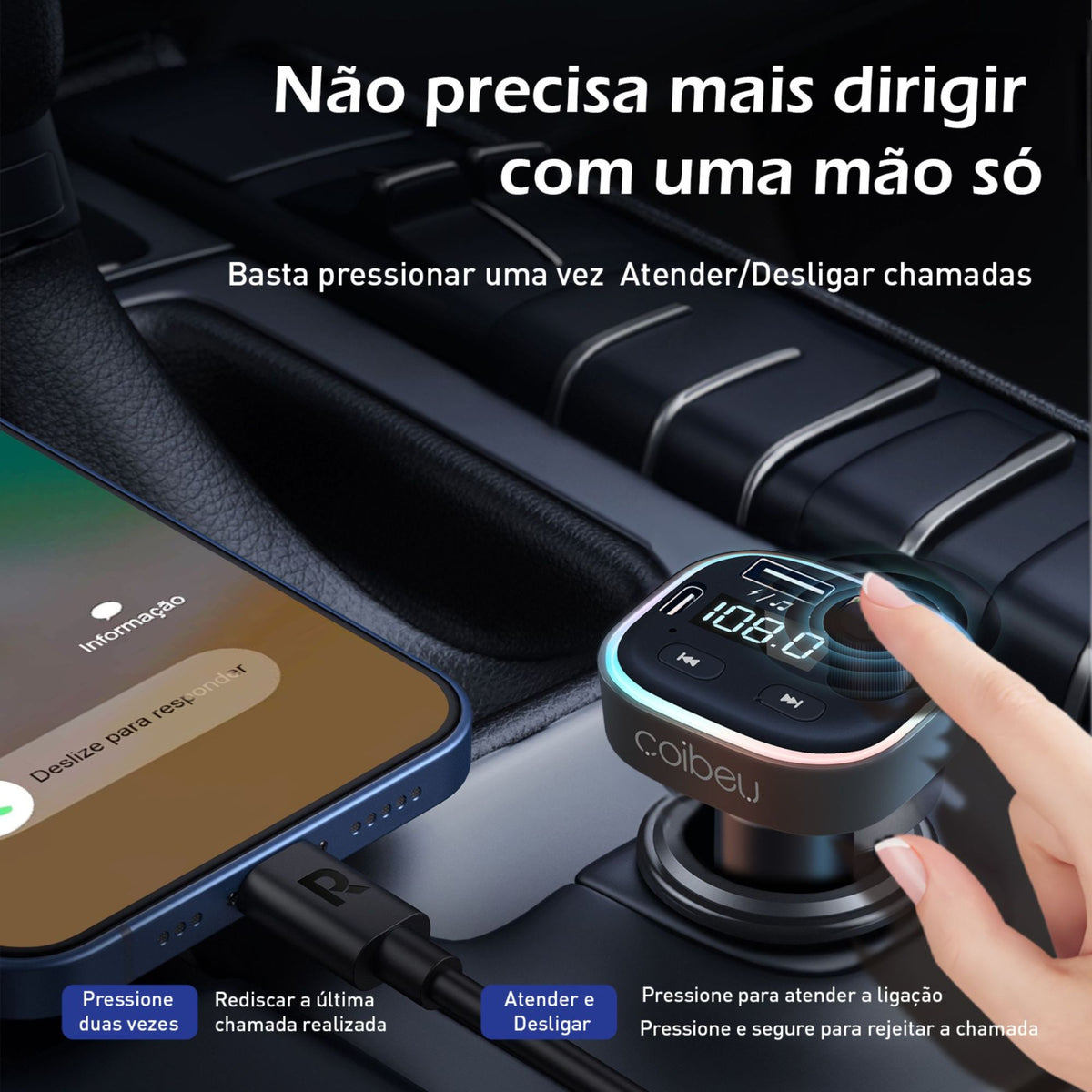 Carregador Veicular Turbo Bluetooth 3.1A 2 Portas USB Transmissor FM Mãos Livres MP3 Player para Carro