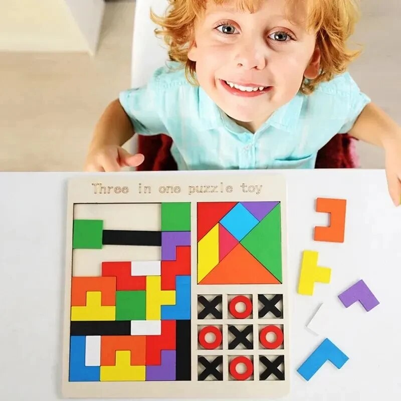 Quebra Cabeça de Madeira 3 em 1, Tabuleiro Educativo Infantil