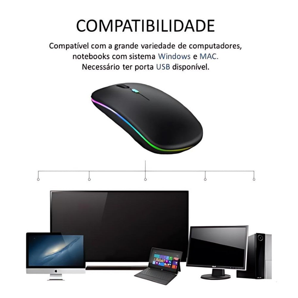 Mouse Wireless Recarregável Led RGB 2.4 Ghz Sem Fio