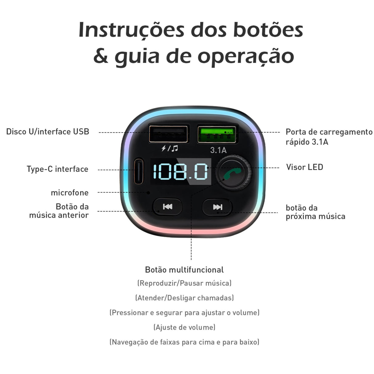 Carregador Veicular Turbo Bluetooth 3.1A 2 Portas USB Transmissor FM Mãos Livres MP3 Player para Carro