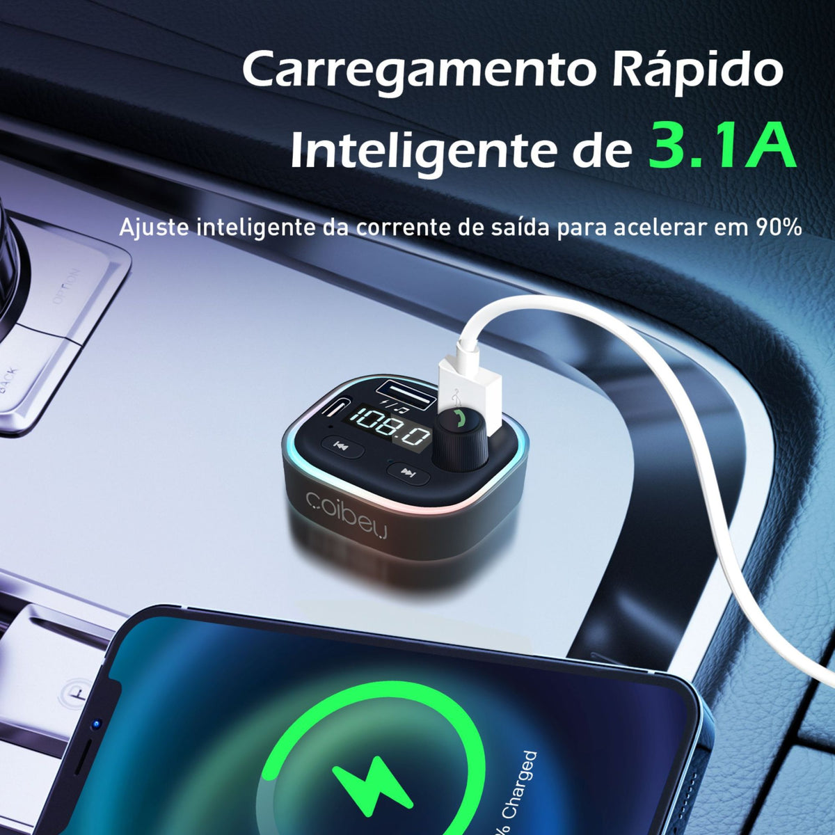 Carregador Veicular Turbo Bluetooth 3.1A 2 Portas USB Transmissor FM Mãos Livres MP3 Player para Carro
