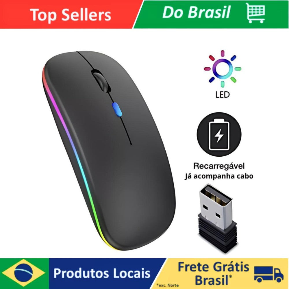 Mouse Wireless Recarregável Led RGB 2.4 Ghz Sem Fio