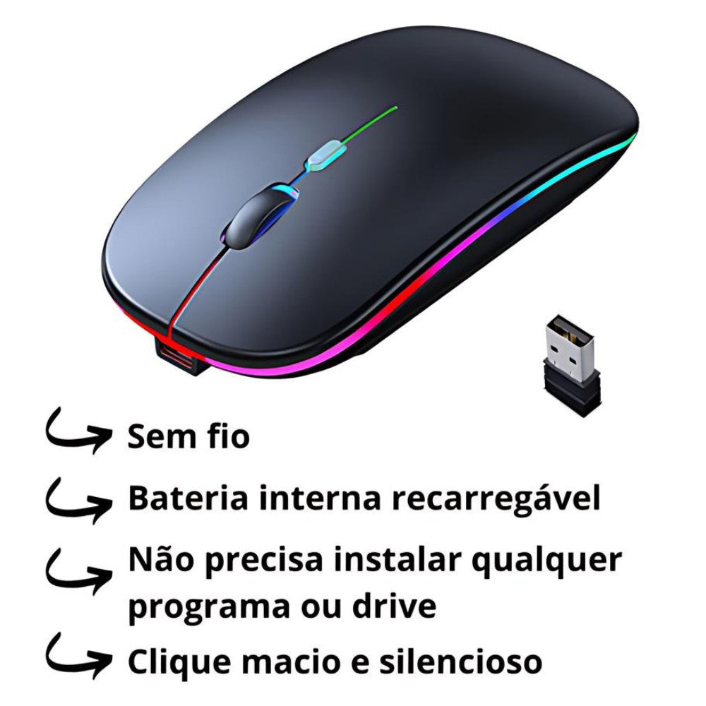 Mouse Wireless Recarregável Led RGB 2.4 Ghz Sem Fio